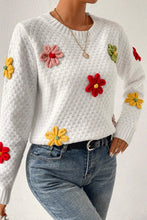 Load image into Gallery viewer, White Textured Knit 60s Vintage Flower Applique Sweater
