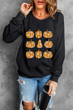 Load image into Gallery viewer, Black Halloween Floral Pumpkin Graphic Round Neck Sweatshirt
