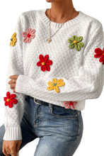 Load image into Gallery viewer, White Textured Knit 60s Vintage Flower Applique Sweater
