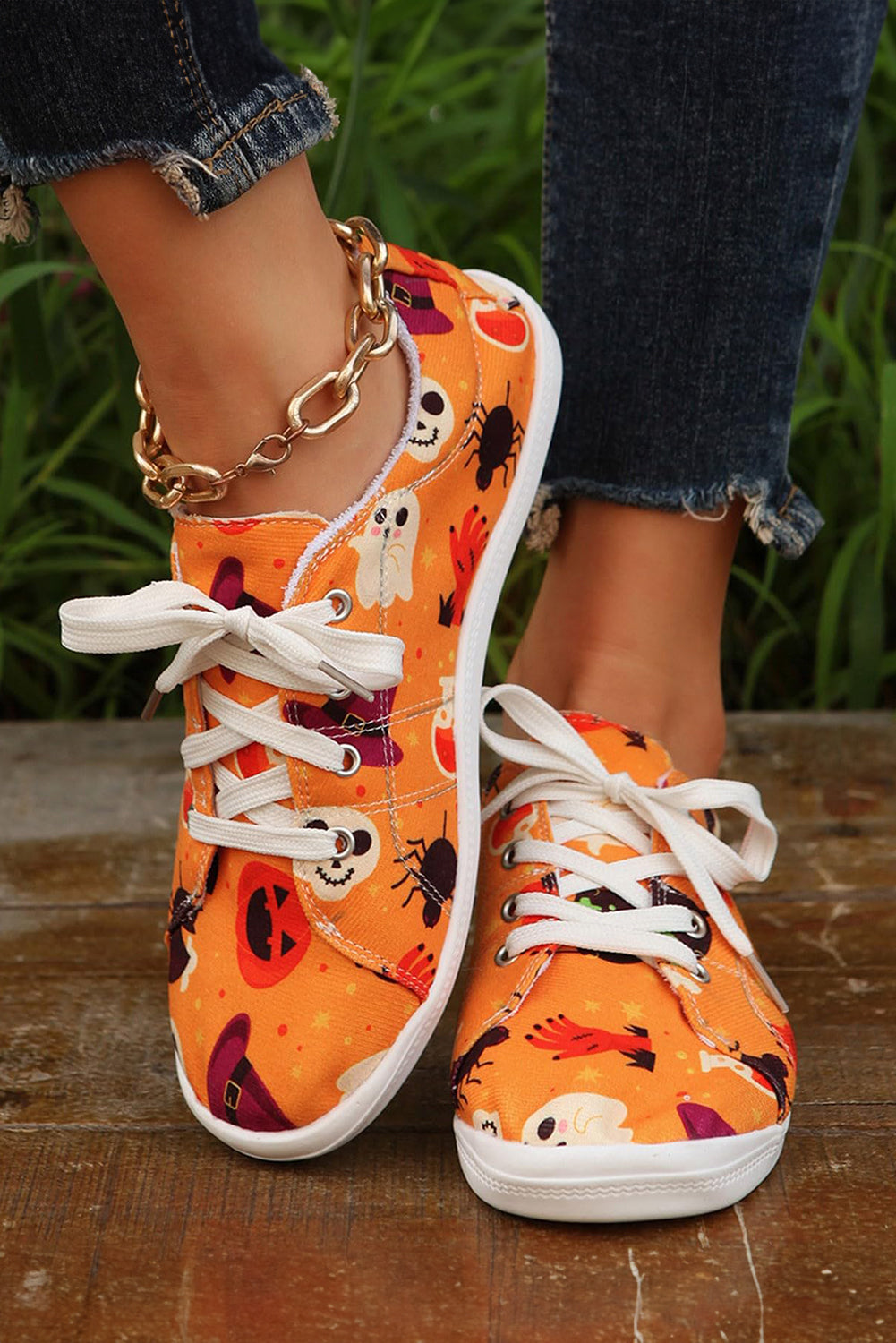 Orange Halloween Pumpkin Spider Ghost Print Sneakers