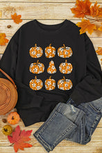 Load image into Gallery viewer, Black Halloween Floral Pumpkin Graphic Round Neck Sweatshirt
