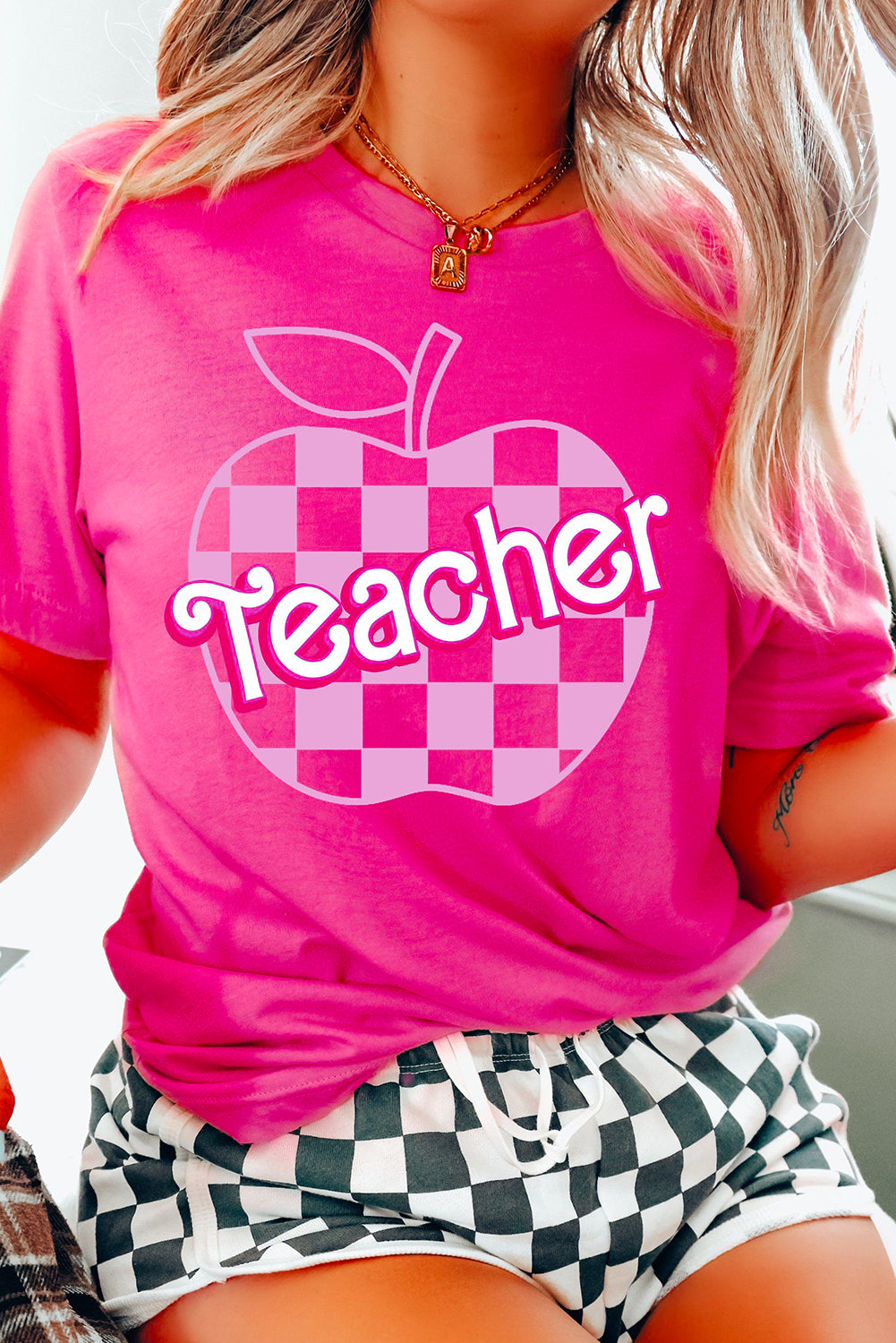 Rose Red Teacher Checkered Apple Graphic Crewneck T Shirt