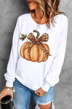 Load image into Gallery viewer, Beige Leopard Bowknot Pumpkin Graphic Crewneck Sweatshirt
